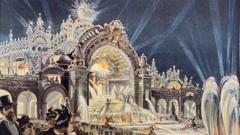 Eine kolorierte Zeichnung vom Palais de l'Electricité auf der Weltausstellung 1900 in Paris.