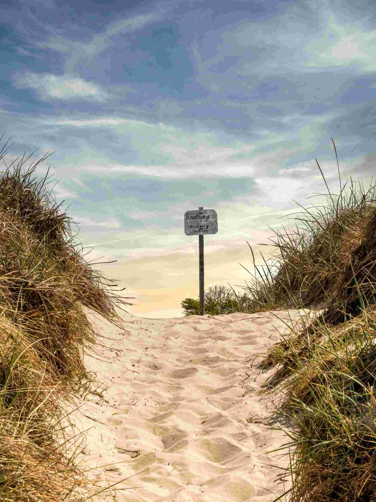 Weg zum Meer am Südstrand auf der Insel Hiddensee, Rügen, Mecklenburg-Vorpommern.