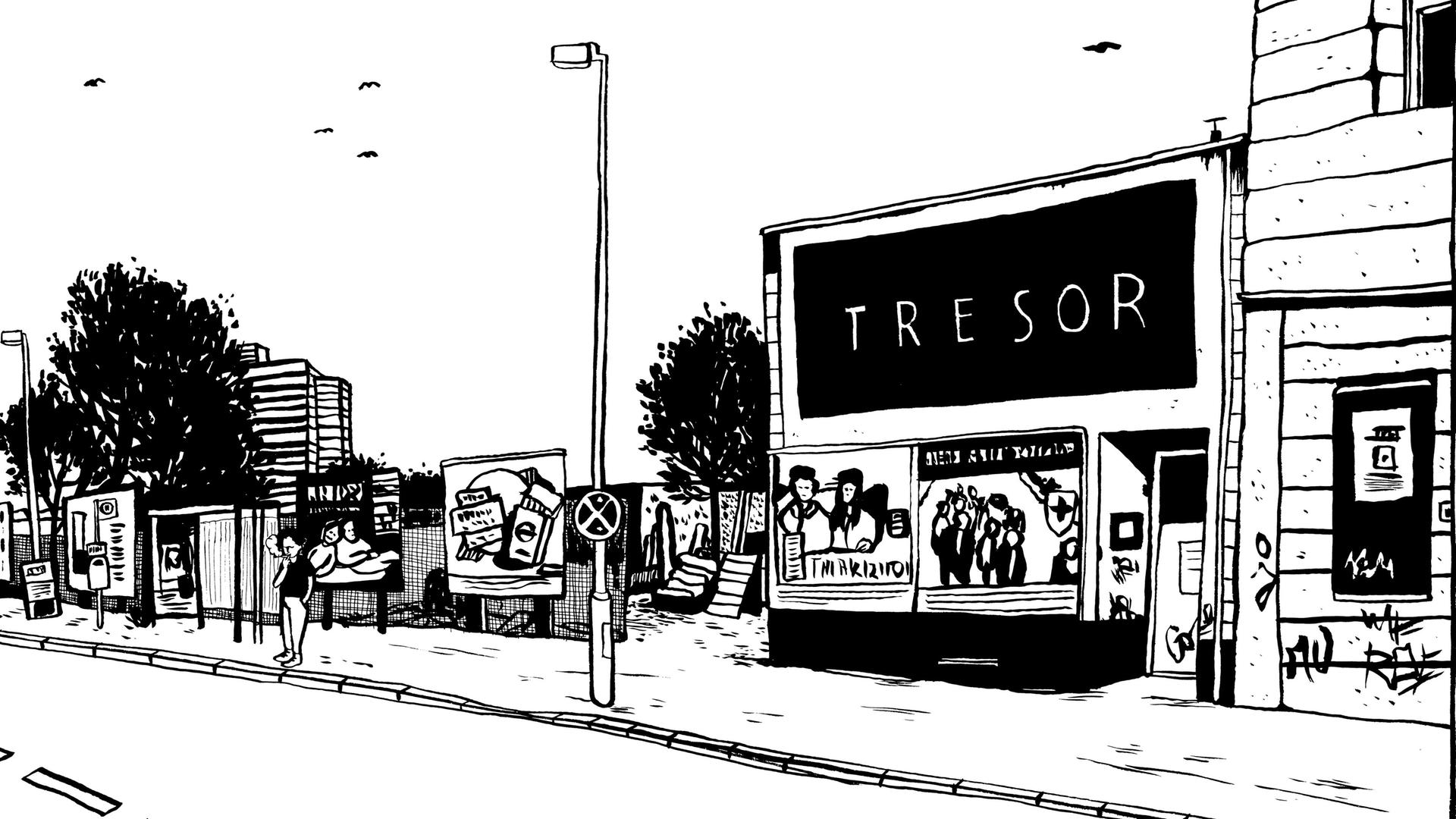 Zeichnung des legendären Clubs Tresor in Berlin von Tine Fetz 