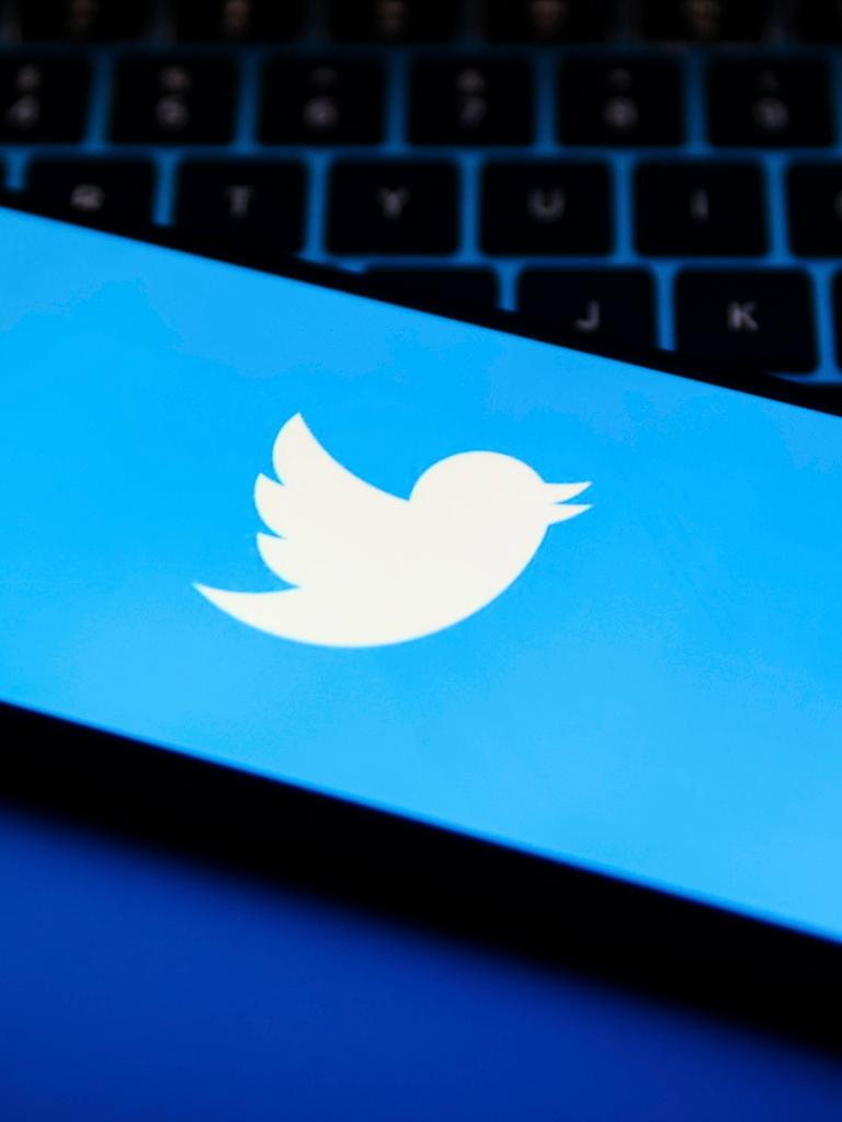 Das Twitter-Logo auf einem Smartphone, das auf einem Laptop liegt.