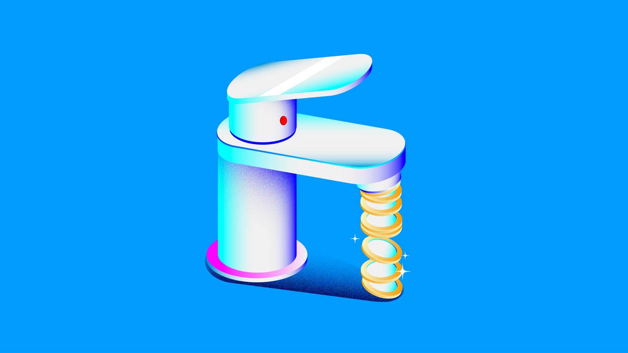 Illustration eines Wasserhahnes, aus dem Geld statt Wasser fließt.