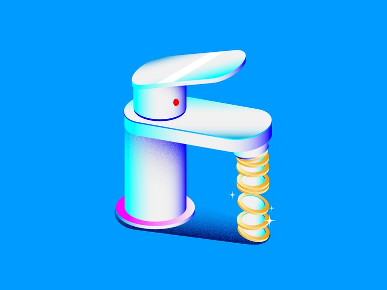 Illustration eines Wasserhahnes, aus dem Geld statt Wasser fließt.