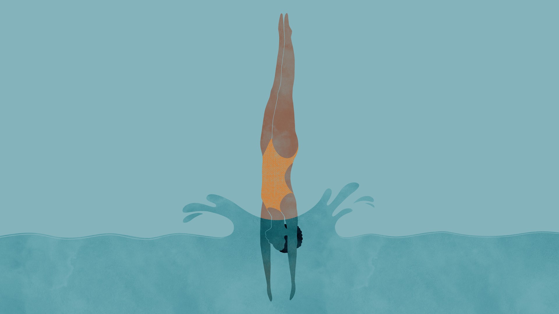 Die Turmspringerinnen: Die Zeichnung zur Episode 6 des Podcasts zeigt eine Turmspringerin, die am Ende ihres Sprungs gestreckt kopfüber ins Wasser eintaucht.