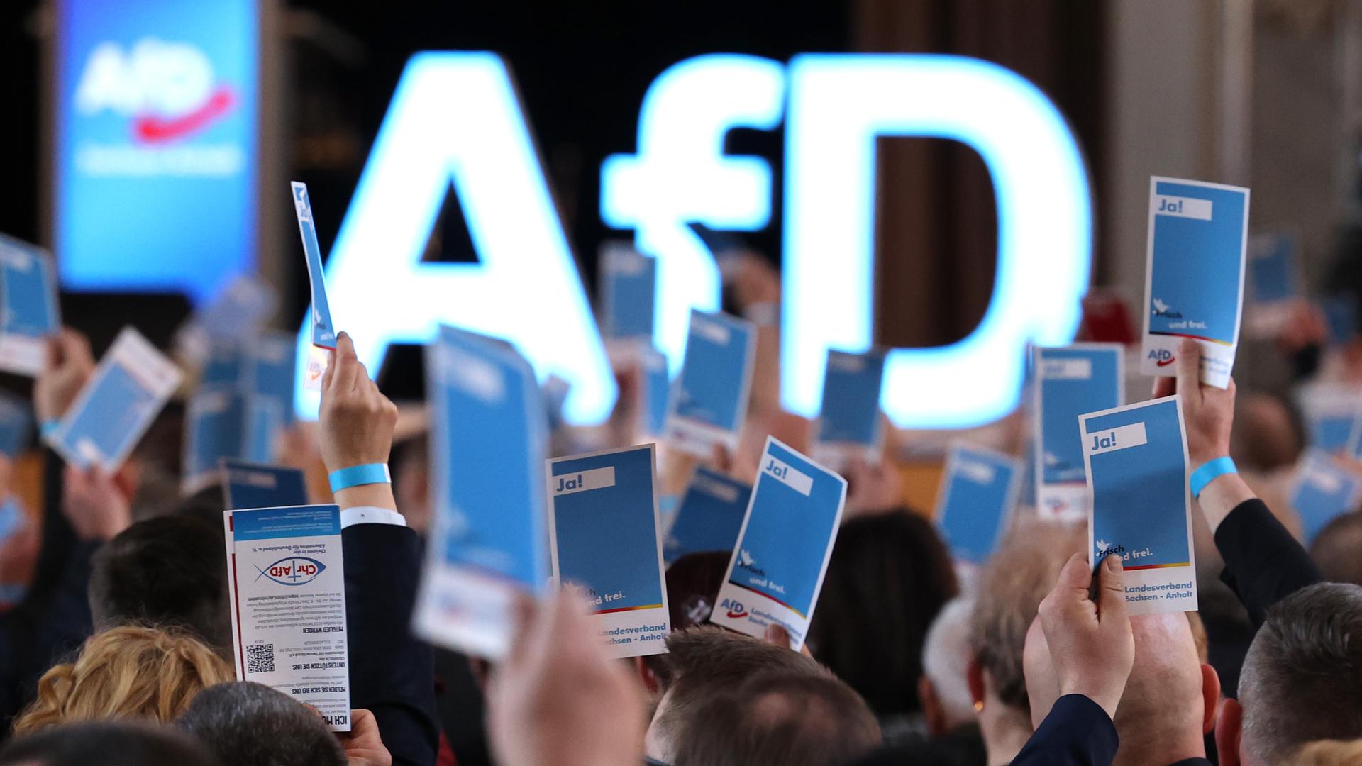 Delegierte stimmen auf dem Landesparteitag der AfD Sachsen-Anhalt ab, indem sie blaue Karten in die Höhe halten.