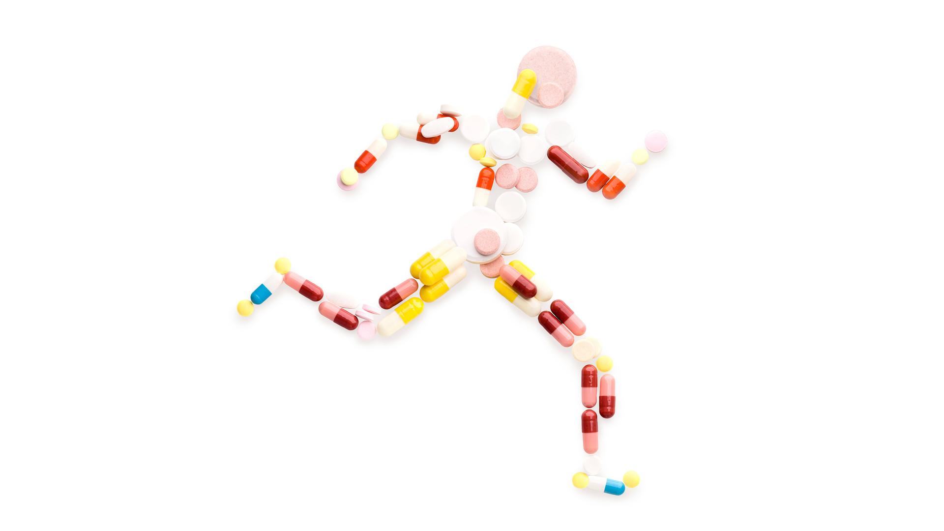 Eine Illustration zeigt eine sprintende Person, die komplett aus Tabletten besteht.