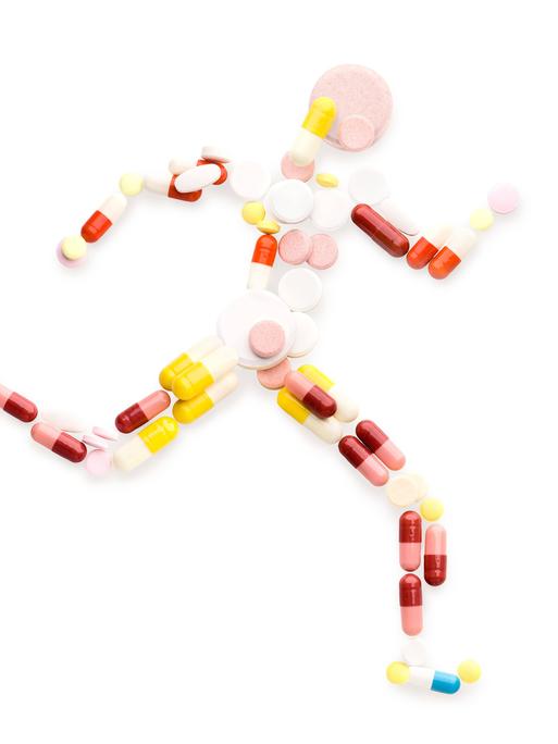 Eine Illustration zeigt eine sprintende Person, die komplett aus Tabletten besteht. Eine Illustration zeigt eine sprintende Person, die komplett aus Tabletten besteht.