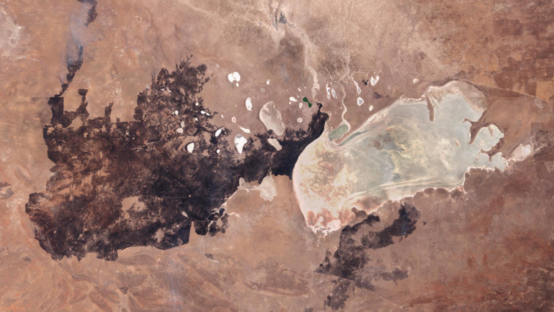 Auf einem Satellitenbild sieht man die Zerstörung des Etosha-Nationalparks in Namibia durch ein Feuer.