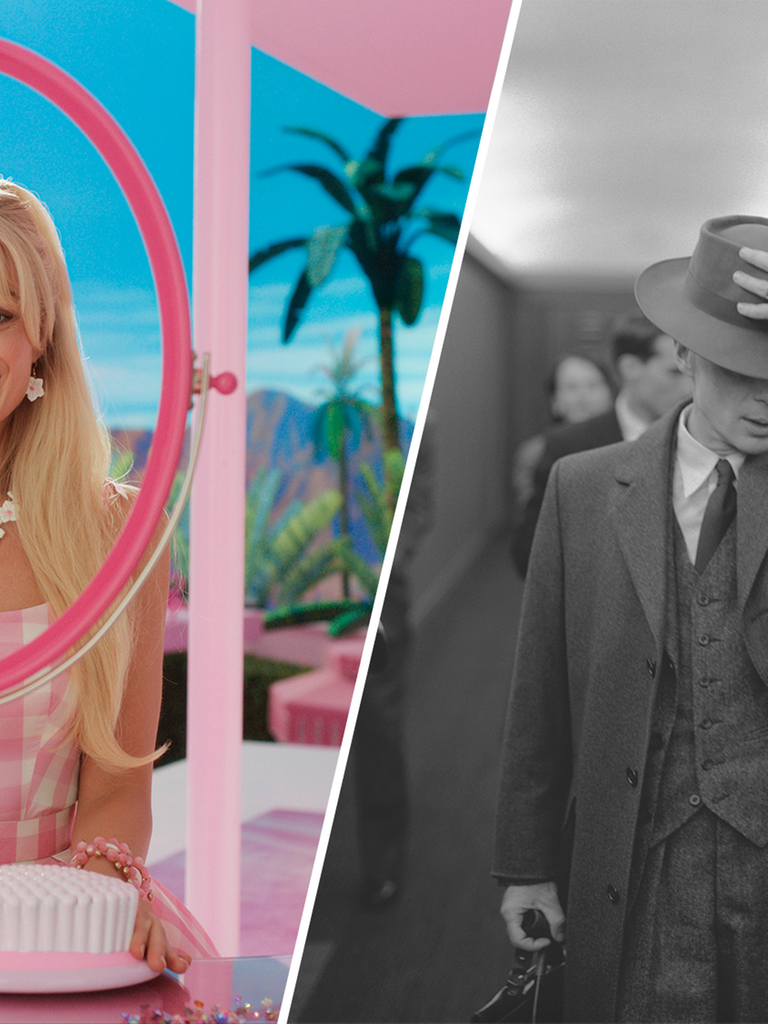 Links: Margot Robbie als Barbie in einer Szene des gleichnamigen Films, rechts: Cillian Murphy als Robert Oppenheimer in einer Szene aus dem Film „Oppenheimer“