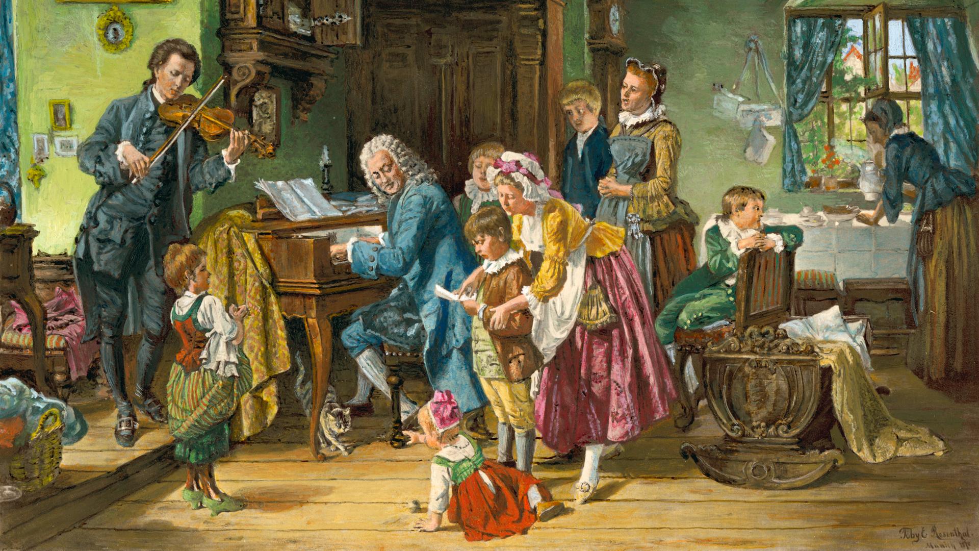 Nachkoloriertes Bild von Toby Edward Rosenthal (1848-1917), der "J.S.Bach im Kreis der Familie" in idyllischer Musik-Harmonie zeichnete. 