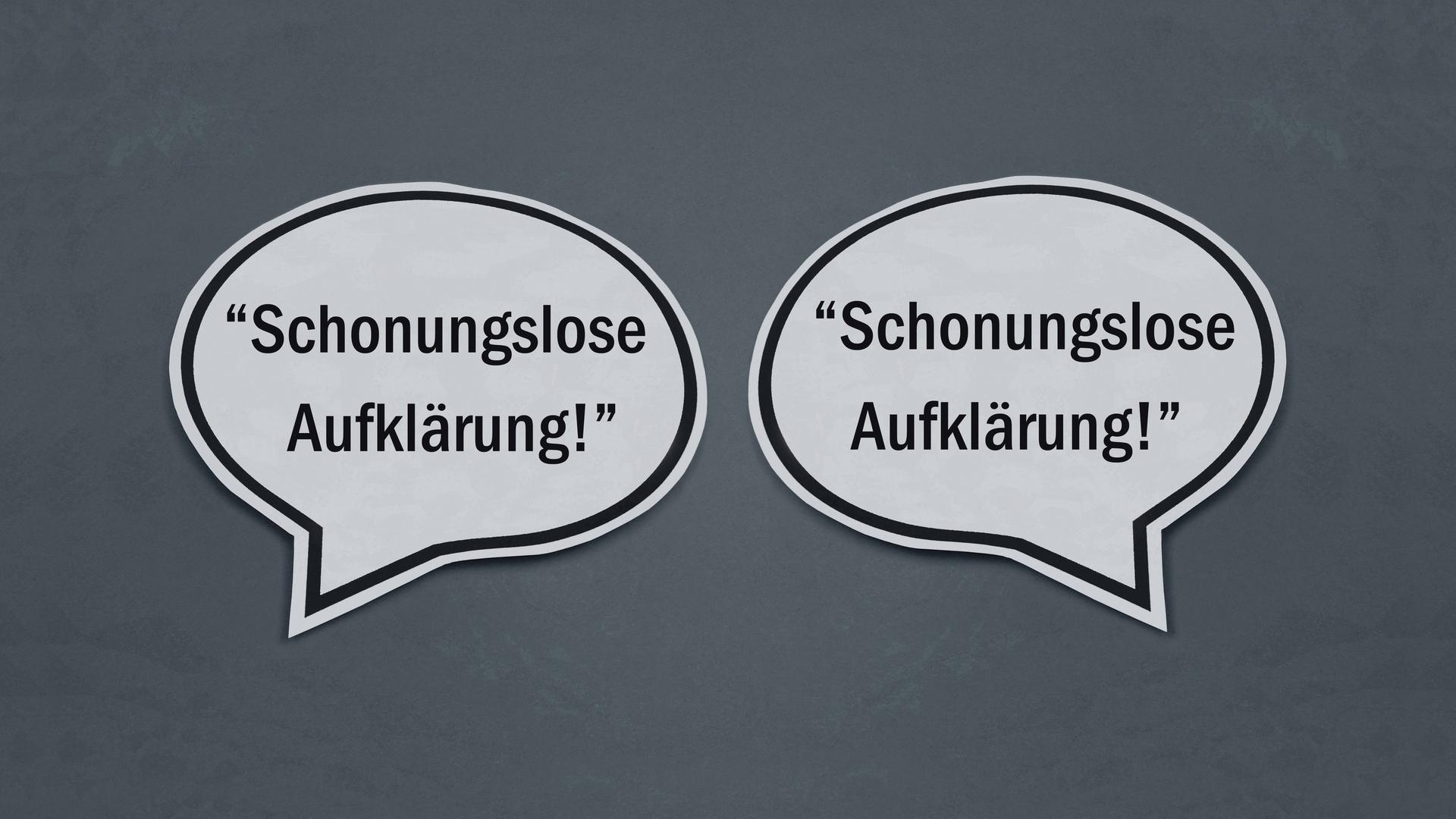 Sprechblasen mit den Schriftzügen "schonungslose Aufklärung" Sprechblasen mit den Schriftzügen "schonungslose Aufklärung"