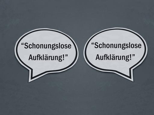 Sprechblasen mit den Schriftzügen "schonungslose Aufklärung"