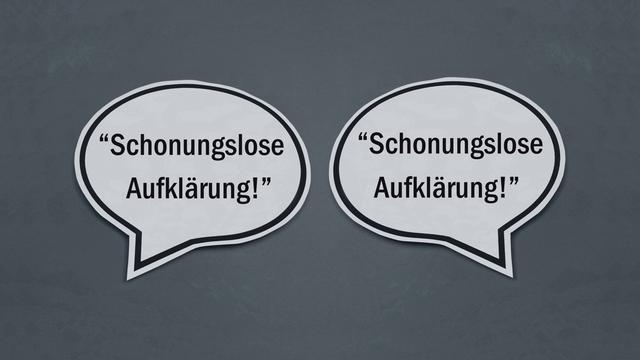 Sprechblasen mit den Schriftzügen "schonungslose Aufklärung"
