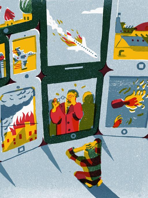Illustration einer Frau vor unterschiedlichen Tablet Bildschirmen auf denen Nachrichten mit Krieg und Zerstörung gezeigt werden.