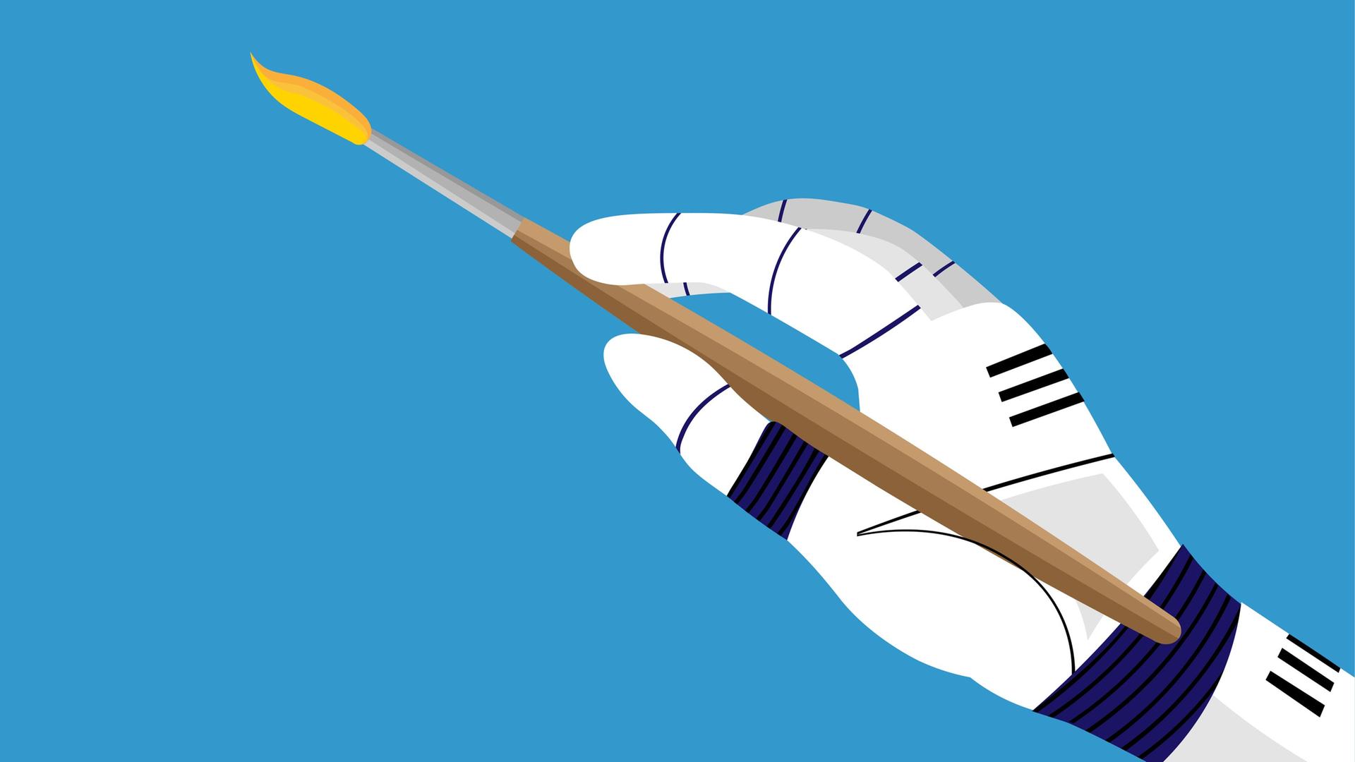 Eine künstliche roboterartige Hand hält einen Pinsel mit gelber Farbe. 