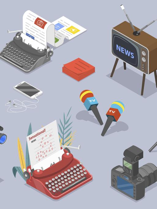 Dreidimensionale Illustration von Journalismus - Video, Audio, Online und Print.