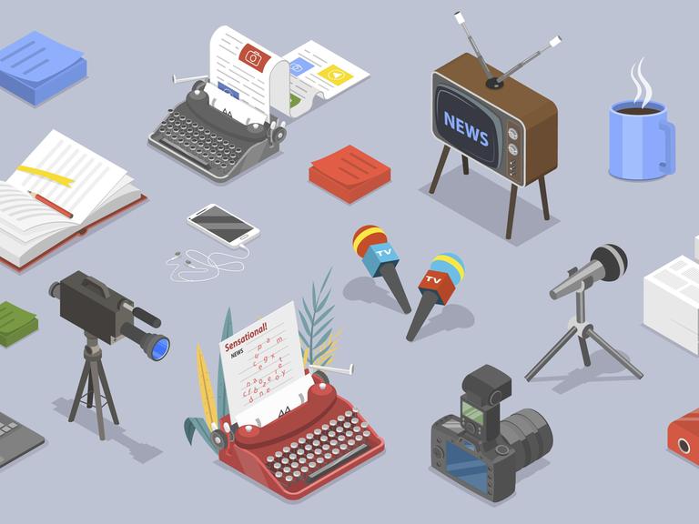 Dreidimensionale Illustration von Journalismus - Video, Audio, Online und Print.