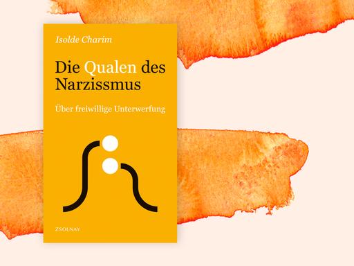 Covercollage mit dem Cover des Buches "Die Qualen des Narzissmus" von Isolde Charim. Auf dem Cover zwei kurvige Linien und zwei übereinanderliegende, weiße Punkte. Dies könnten stilisierte Menschen sein, von denen sich einer dem anderen unterwirft.