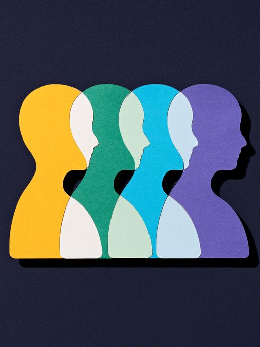 Collage aus einander überlappenden menschlichen Silhouetten in verschiedenen Farben.