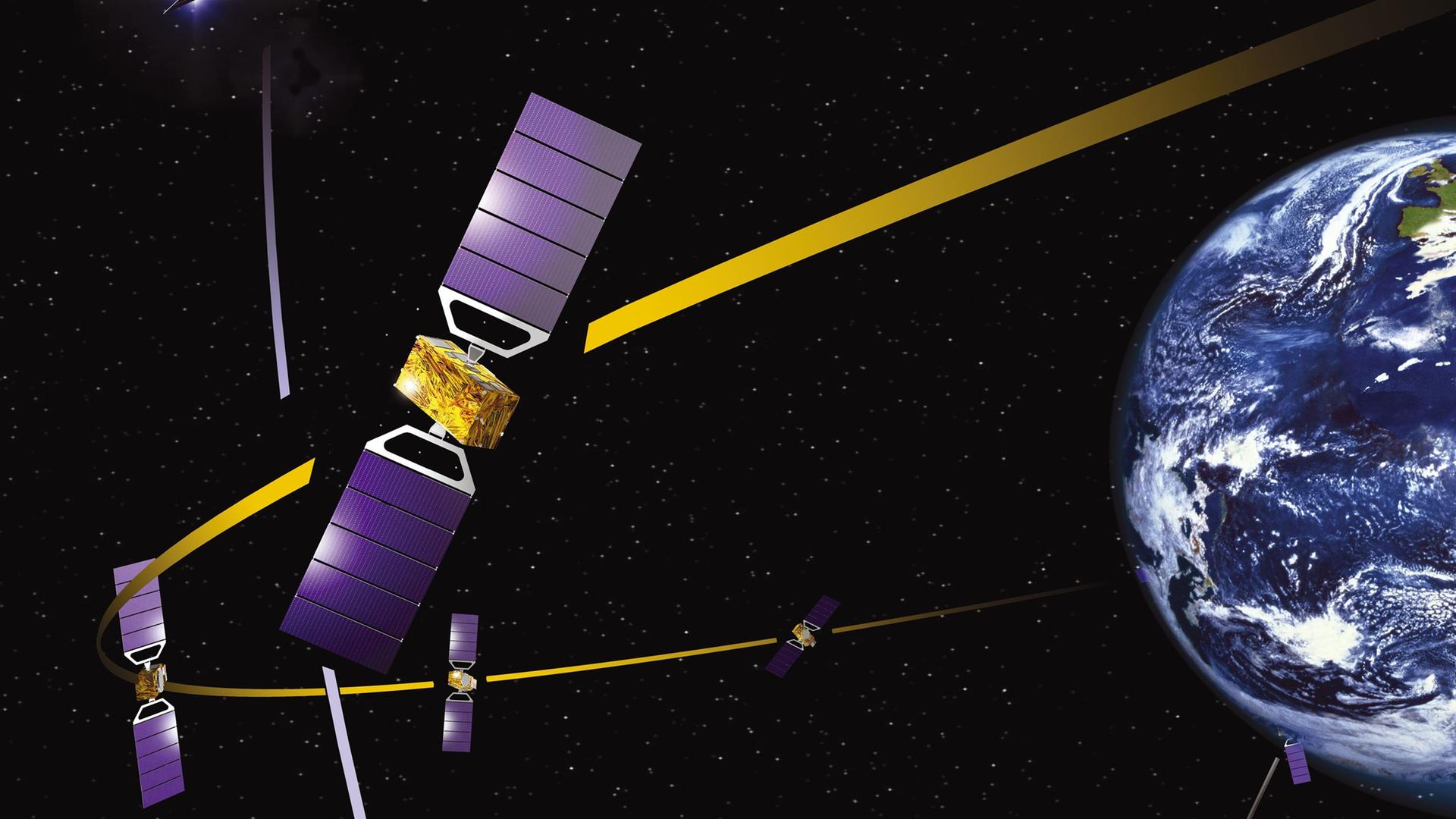 Eine Illustration zeigt die Galileo-Navigationssatelliten, im Hintergrund ist die Erde zu sehen.