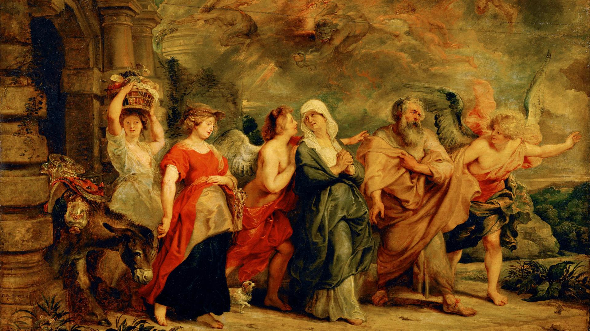 Ein Engel führt Lot und seine Familie aus der Stadt Sodom, über der im Hintergrund Dämonen in den Wolken wüten.