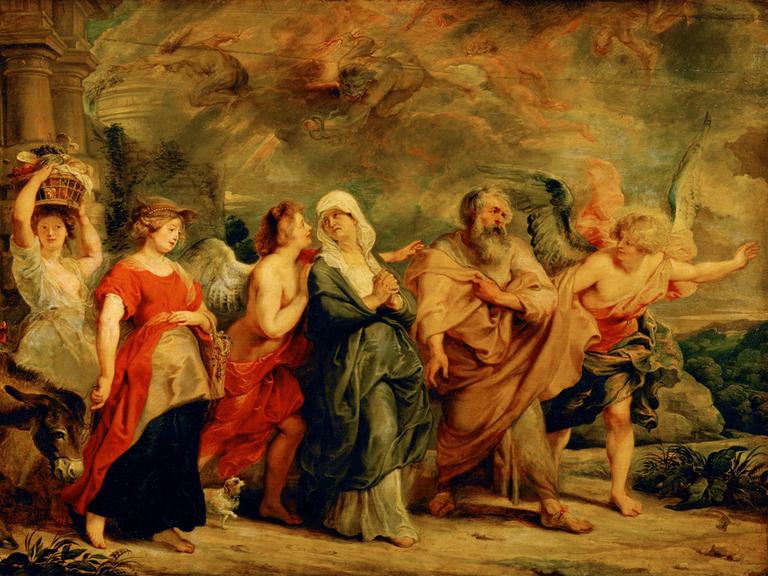 Ein Engel führt Lot und seine Familie aus der Stadt Sodom, über der im Hintergrund Dämonen in den Wolken wüten.