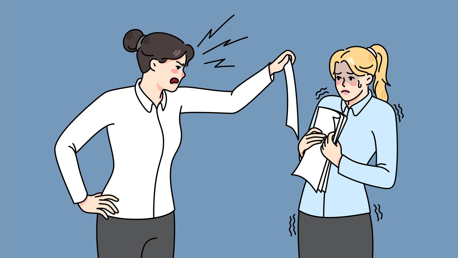 Illustration zeigt eine wütende Geschäftsfrau, die eine verängstigte Mitarbeiterin anschreit. Illustration zeigt eine wütende Geschäftsfrau, die eine verängstigte Mitarbeiterin anschreit.