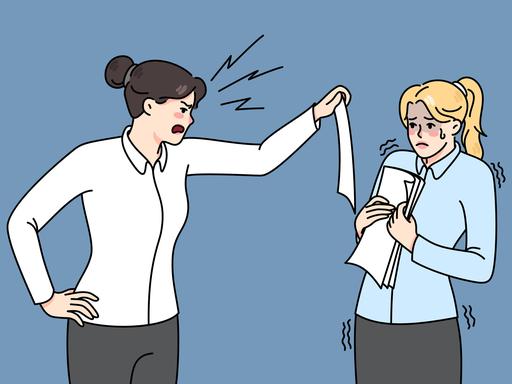 Illustration zeigt eine wütende Geschäftsfrau, die eine verängstigte Mitarbeiterin anschreit. 