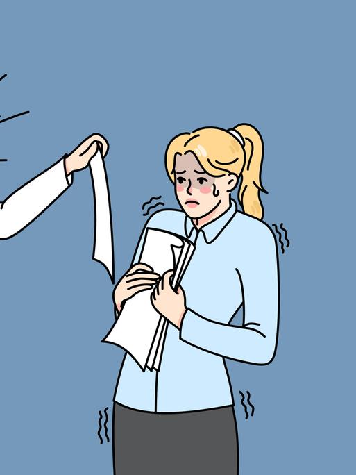 Illustration zeigt eine wütende Geschäftsfrau, die eine verängstigte Mitarbeiterin anschreit. 