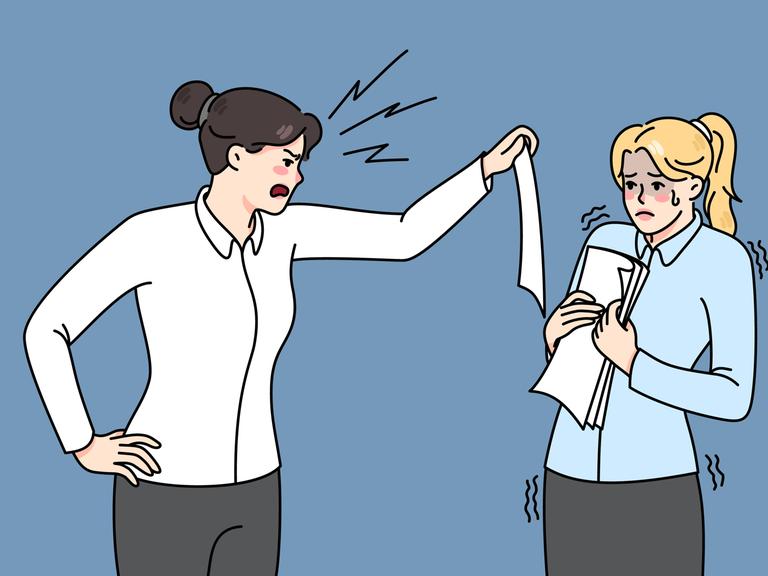 Illustration zeigt eine wütende Geschäftsfrau, die eine verängstigte Mitarbeiterin anschreit. 