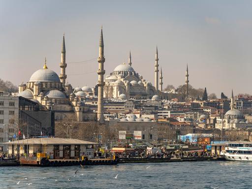 Die Neue Moschee Yeni Cami und die Süleymaniye-Moschee in Eminönü, Istanbul.