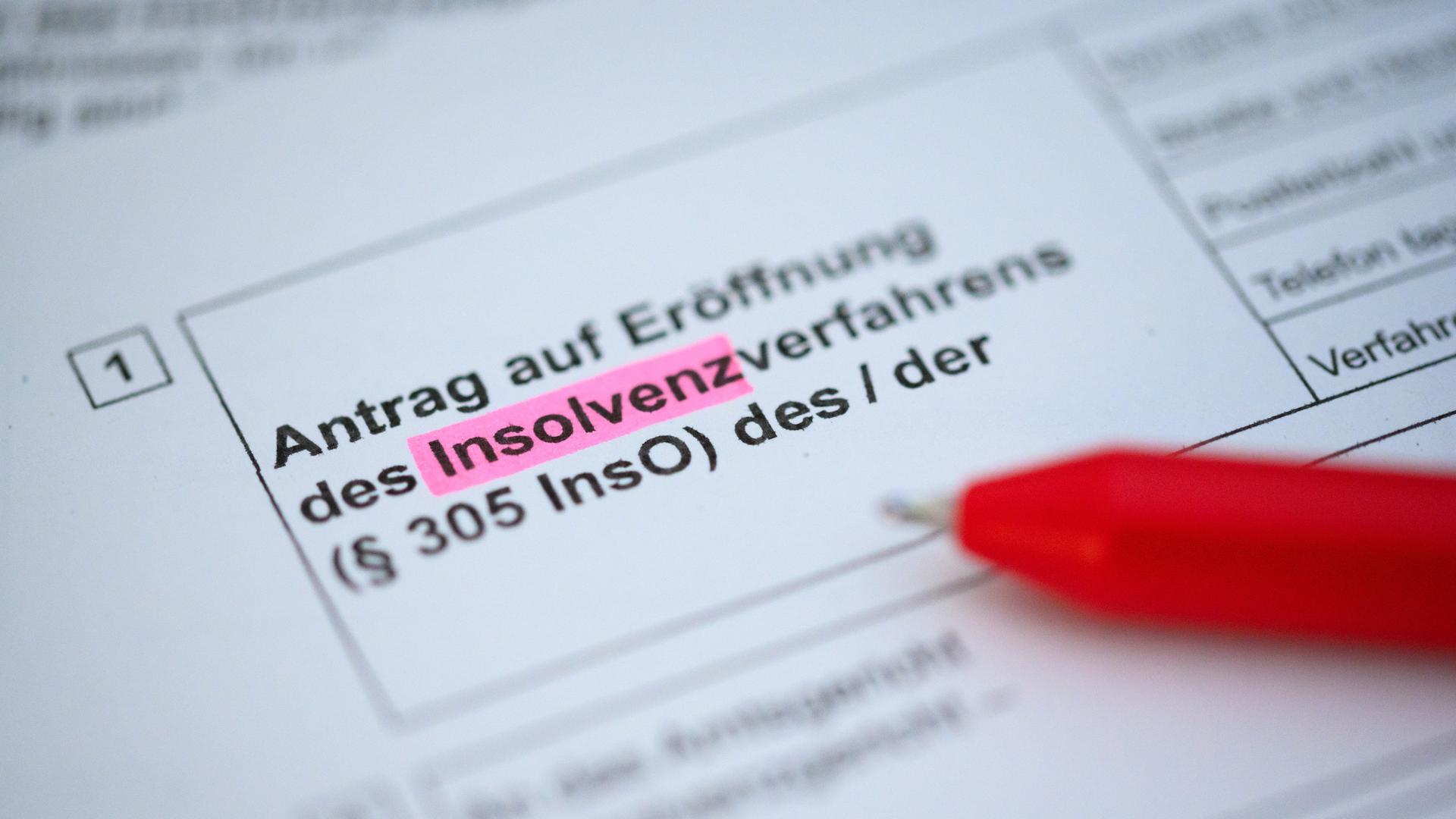 Ein Kugelschreiber liegt auf einem Antrag zur Eröffnung eines Insolvenzverfahrens.