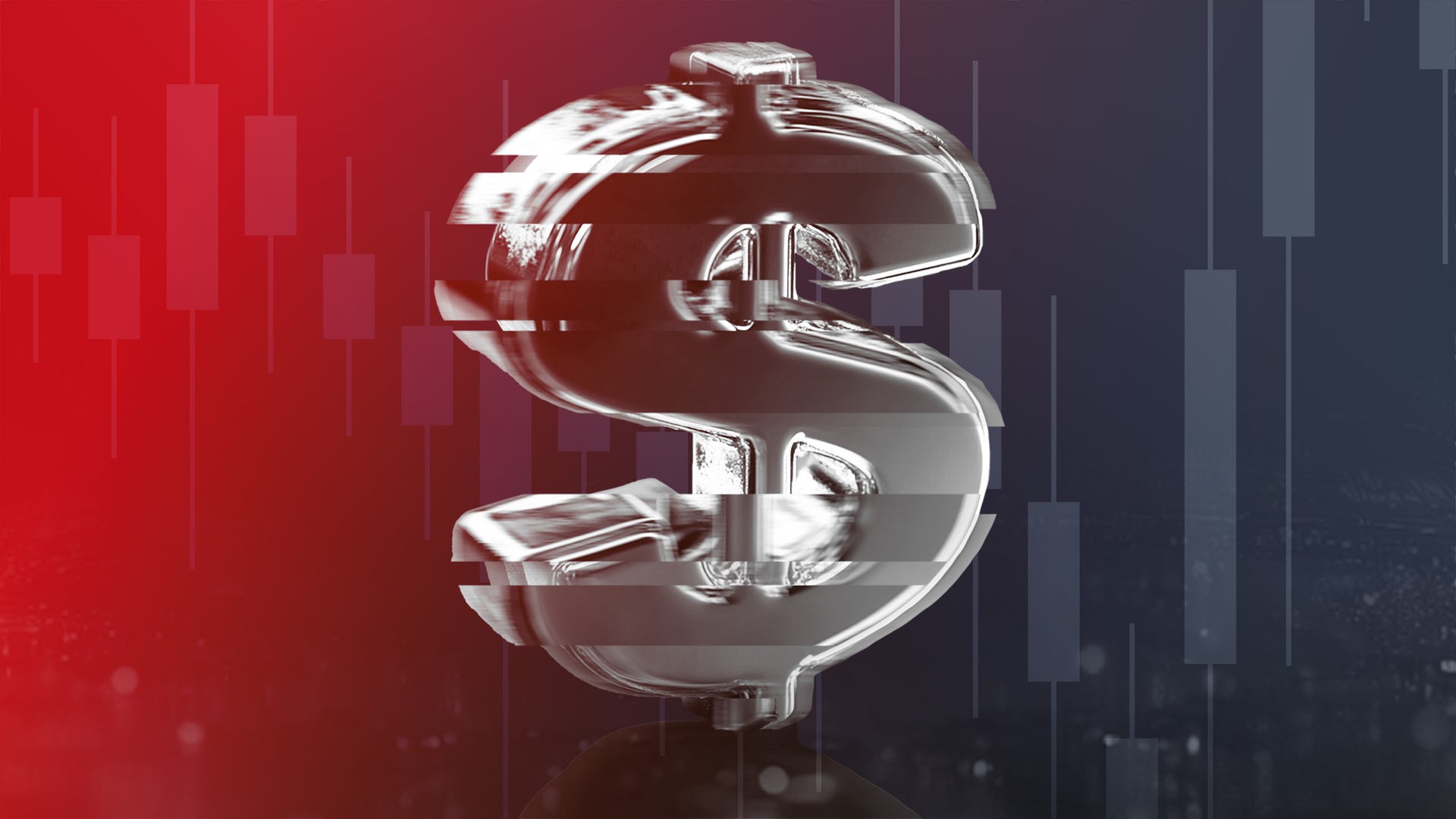 Symbolgrafik eines gläsernen Dollarzeichens vor rötlichem Hintergrund Symbolgrafik eines gläsernen Dollarzeichens vor rötlichem Hintergrund