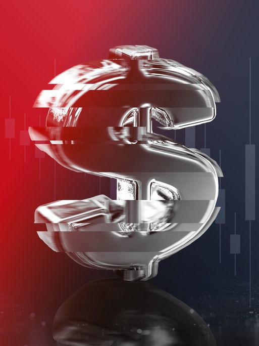 Symbolgrafik eines gläsernen Dollarzeichens vor rötlichem Hintergrund