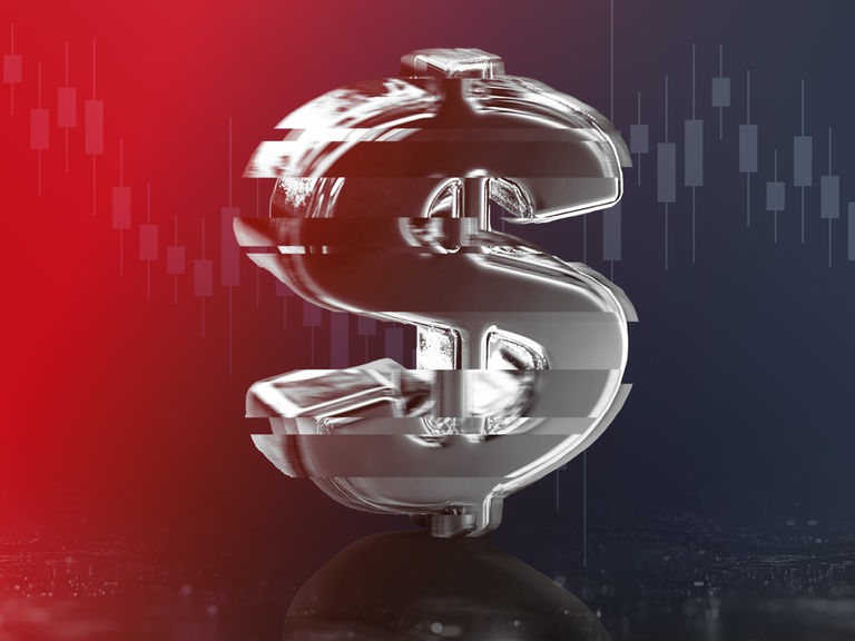 Symbolgrafik eines gläsernen Dollarzeichens vor rötlichem Hintergrund