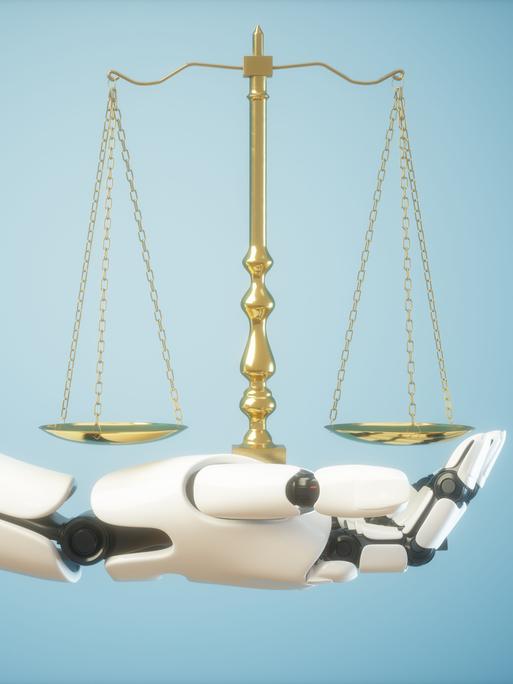 Illustration: Ein künstlicher Roboterarm hält eine altmodisch anmutende Goldwage in der Hand. 