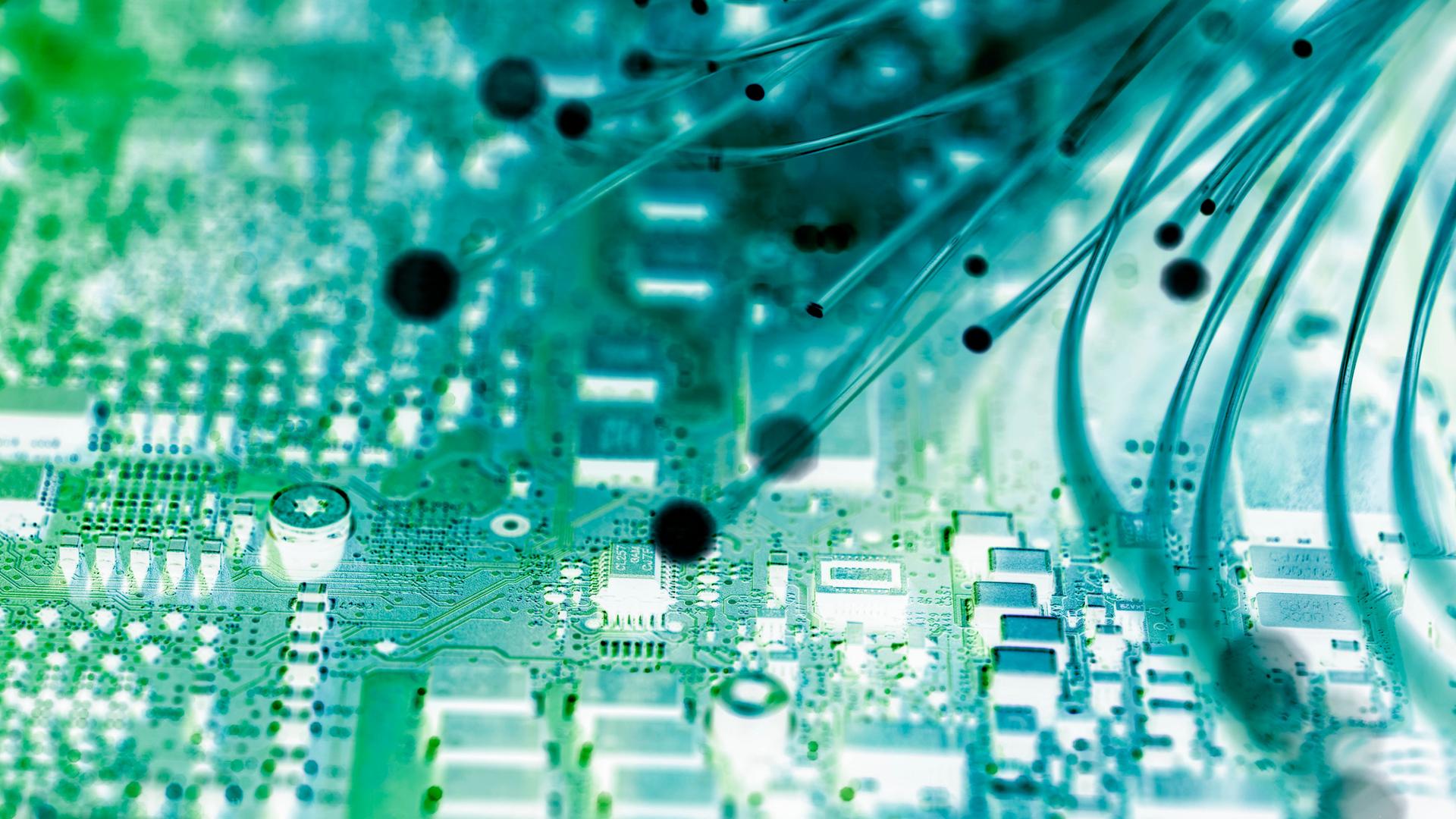 Abstraktes Bild in Grüntönen mit Datenkabeln und Computerchips Abstraktes Bild in Grüntönen mit Datenkabeln und Computerchips
