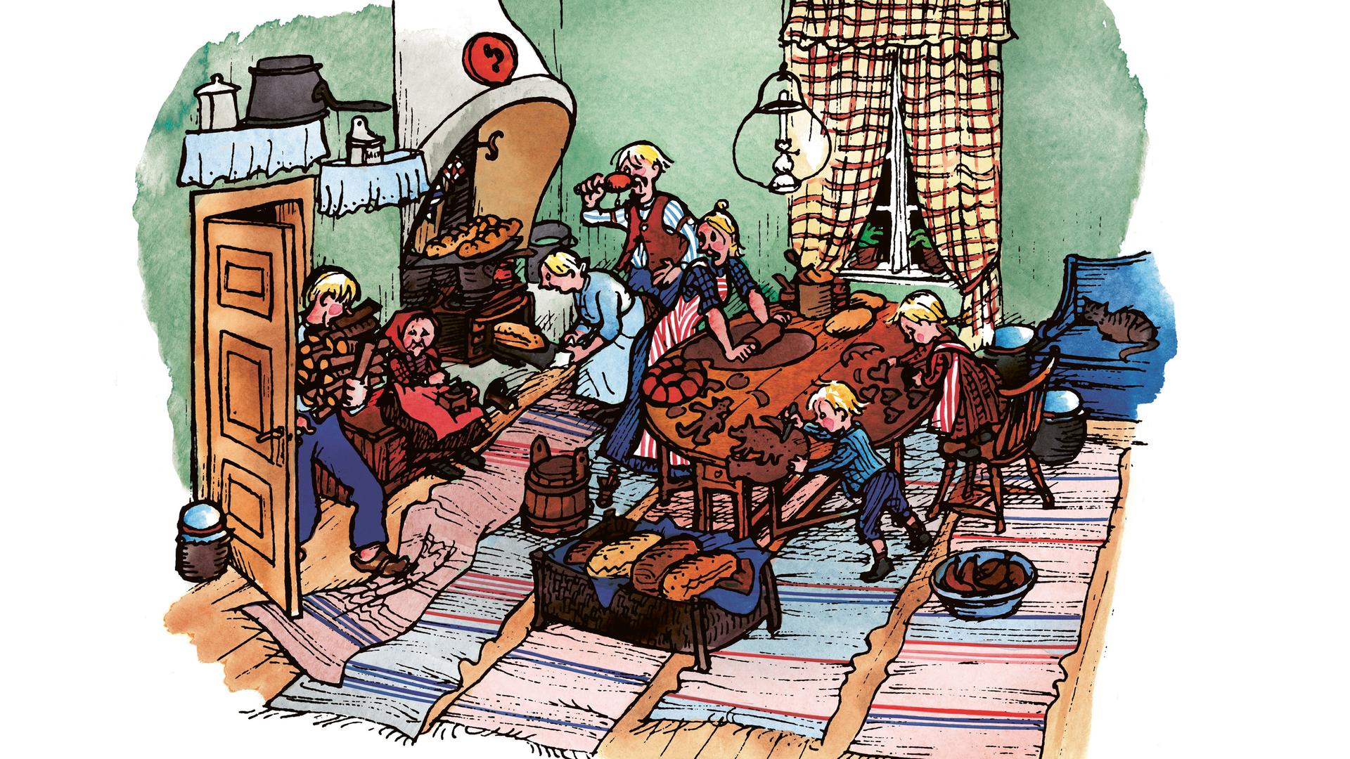 Illustration einer winterlichen Stube, Kinder backen Plätzchen, der Vater bringt Holz herein und im Ofen sind Brote