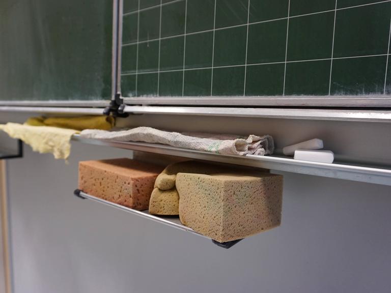 Unter einer Tafel an einer allgemeinbildenden Schule sind Tafelschwämme und Kreide zu sehen.