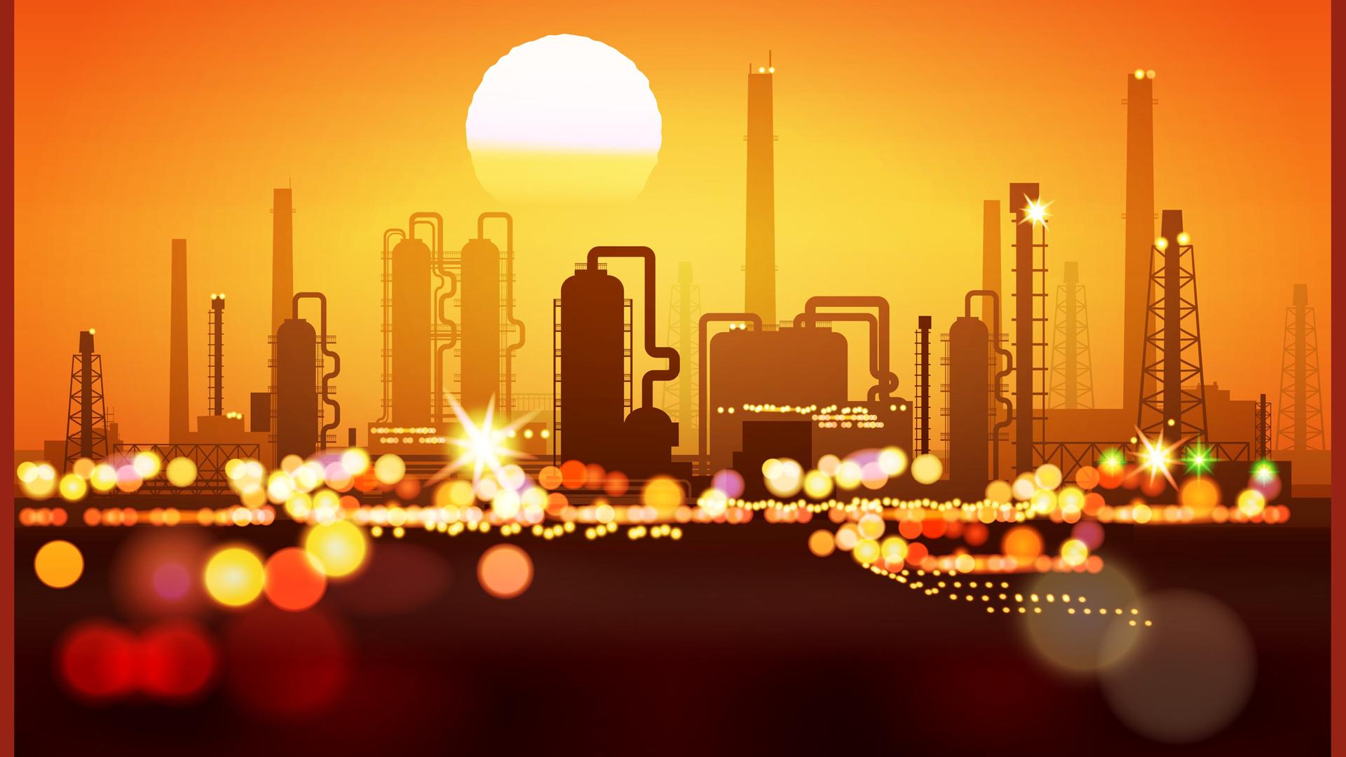 Die Illustration zeigt Kraftwerke und Rohe einer Stadt beim Sonnenuntergang.