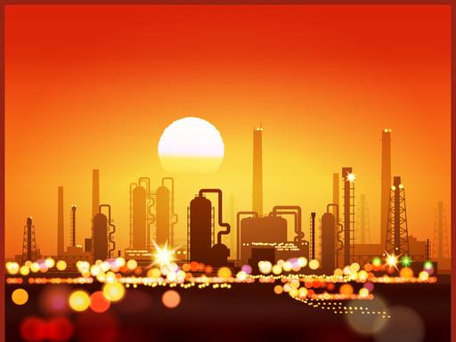 Die Illustration zeigt Kraftwerke und Rohe einer Stadt beim Sonnenuntergang.