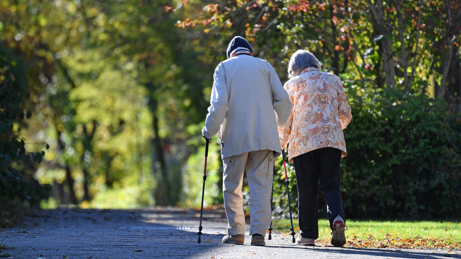  Altes Ehepaar-Rentner -Mann und Frau gehen mit Nordic Walking Stoecken spazieren. 