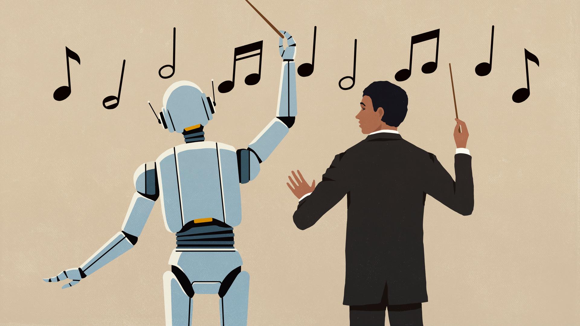 Illustration eines Dirigenten, der einen KI-Roboter beim Dirigieren von Noten beobachtet. Illustration eines Dirigenten, der einen KI-Roboter beim Dirigieren von Noten beobachtet.