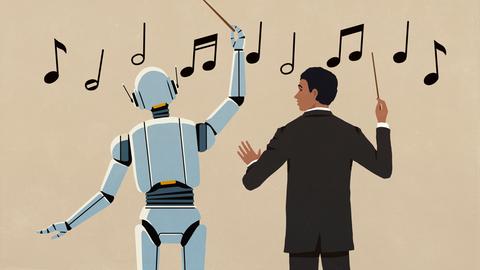 Illustration eines Dirigenten, der einen KI-Roboter beim Dirigieren von Noten beobachtet.