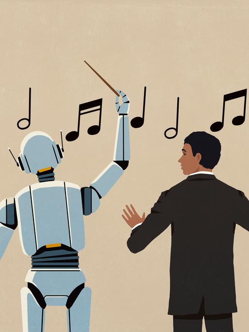 Illustration eines Dirigenten, der einen KI-Roboter beim Dirigieren von Noten beobachtet.