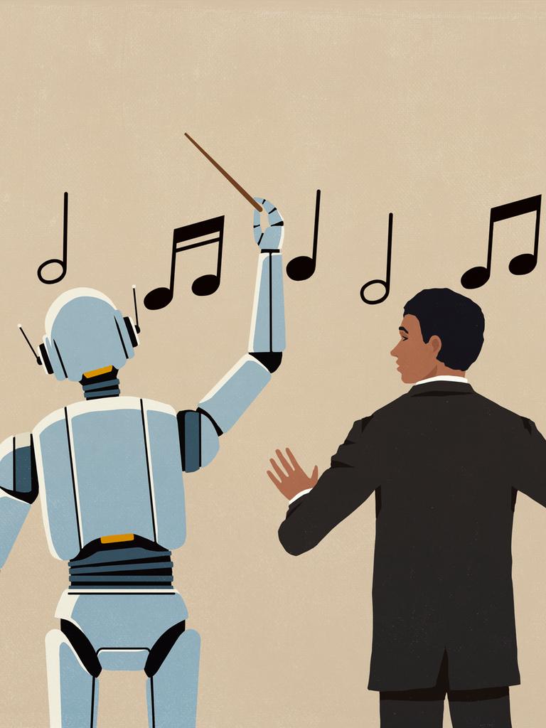 Illustration eines Dirigenten, der einen KI-Roboter beim Dirigieren von Noten beobachtet.