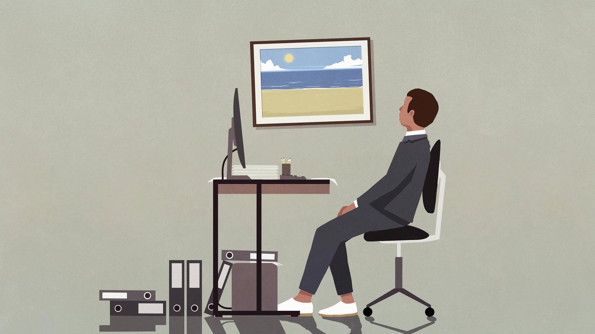 Illustration: Ein Beamter sitzt an einem Schreibtisch mit lauter Aktenordnern und blickt auf ein Bild an der Wand, auf dem die Sonne über dem Meer zu sehen ist. Illustration: Ein Beamter sitzt an einem Schreibtisch mit lauter Aktenordnern und blickt auf ein Bild an der Wand, auf dem die Sonne über dem Meer zu sehen ist.