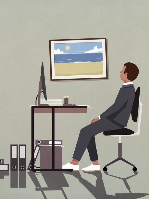 Illustration: Ein Beamter sitzt an einem Schreibtisch mit lauter Aktenordnern und blickt auf ein Bild an der Wand, auf dem die Sonne über dem Meer zu sehen ist.