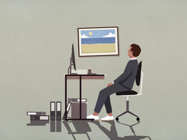 Illustration: Ein Beamter sitzt an einem Schreibtisch mit lauter Aktenordnern und blickt auf ein Bild an der Wand, auf dem die Sonne über dem Meer zu sehen ist.