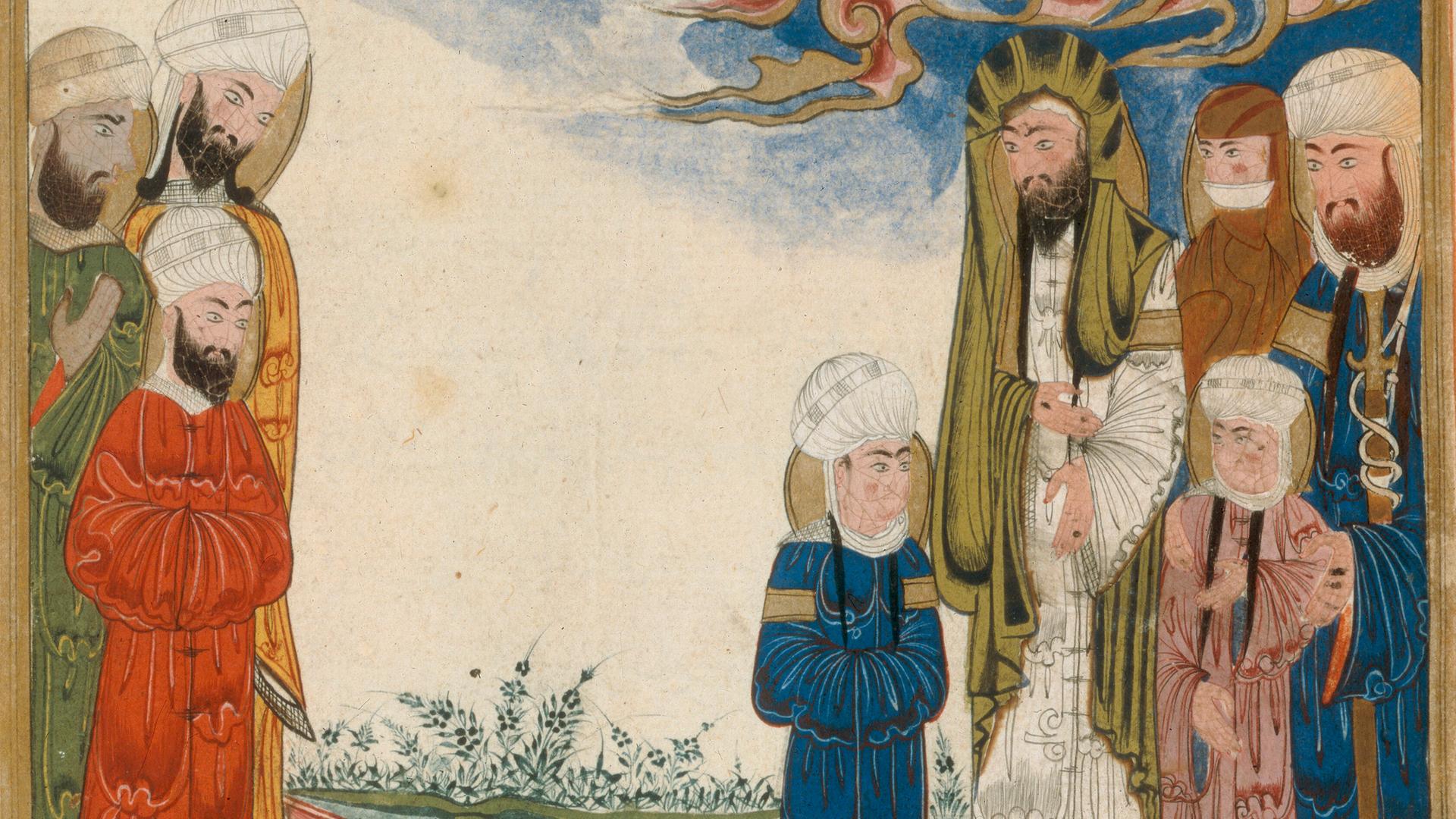 Mohammed, seine Tochter Fatima, sein Vetter Ali ibn Abi Talib und seine beiden Enkel al-Hasan u. al-Husain. Miniatur aus einer arabischen Handschrift, 18.Jh. Mohammed, seine Tochter Fatima, sein Vetter Ali ibn Abi Talib und seine beiden Enkel al-Hasan u. al-Husain. Miniatur aus einer arabischen Handschrift, 18.Jh.