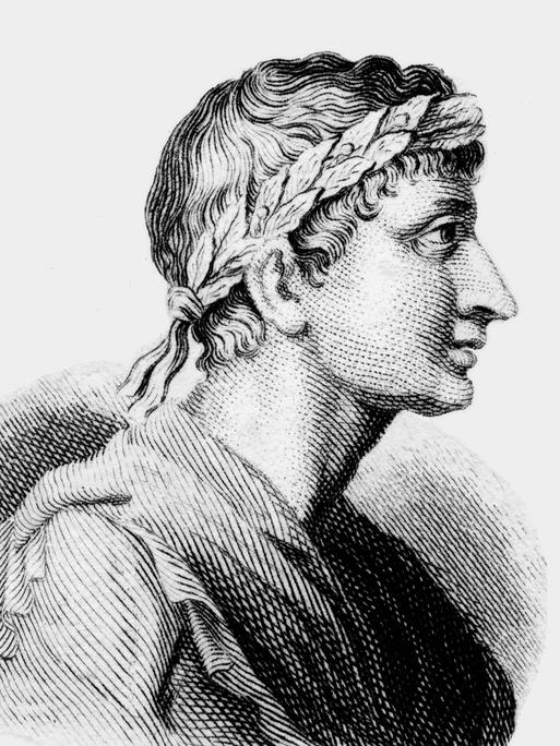 Eine schwarz-weiß Radierung zeigt den antiken Lyriker Ovid.